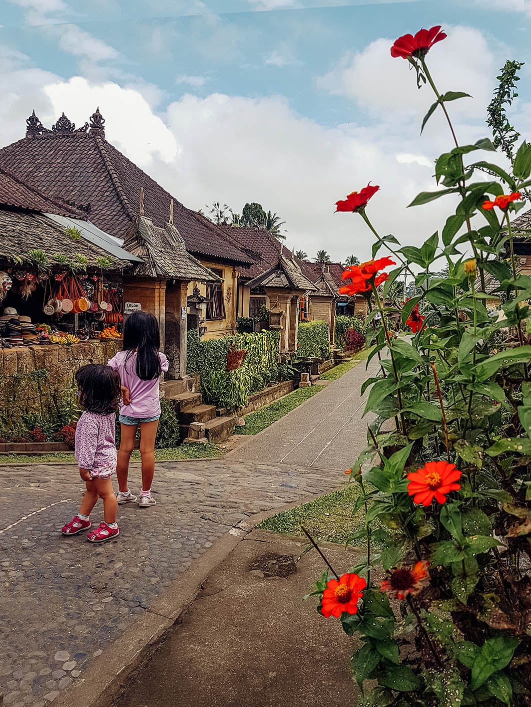 Il villaggio di Penglipuran a Bali. Due bambine vestite di rosa osservano le piccole case del villaggio di penglipuran a Bali fra i fiori rossi.